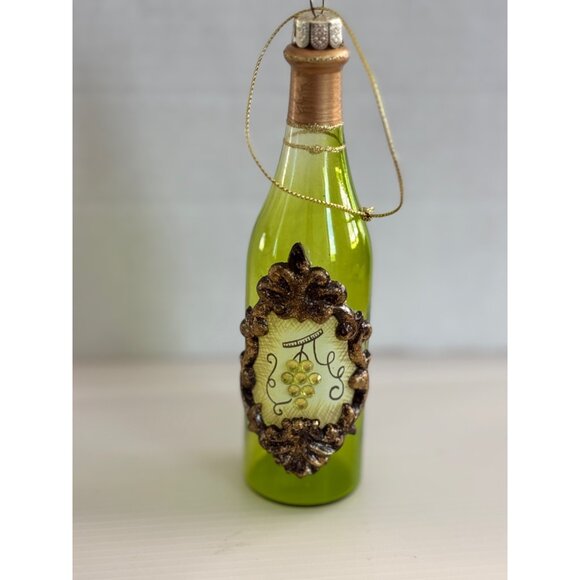 Green Glass Wine Bottle Ornament With Grape Design & Gold Glitter Accents Hangin - Picture 1 of 3